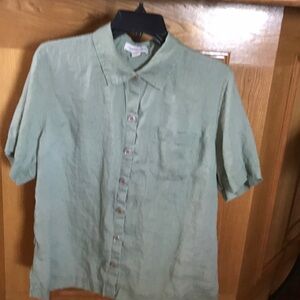 Coldwater Creek Linen Button Short Sleeve Shirt -Size M -Color Light Olive Green